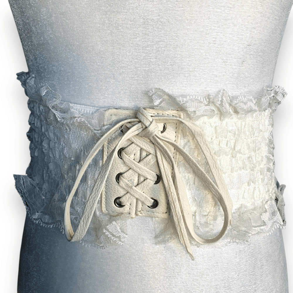Y2K Lace Corset Belt Cream Leather Lace Up Wide Elastic Waist Statement Romantic